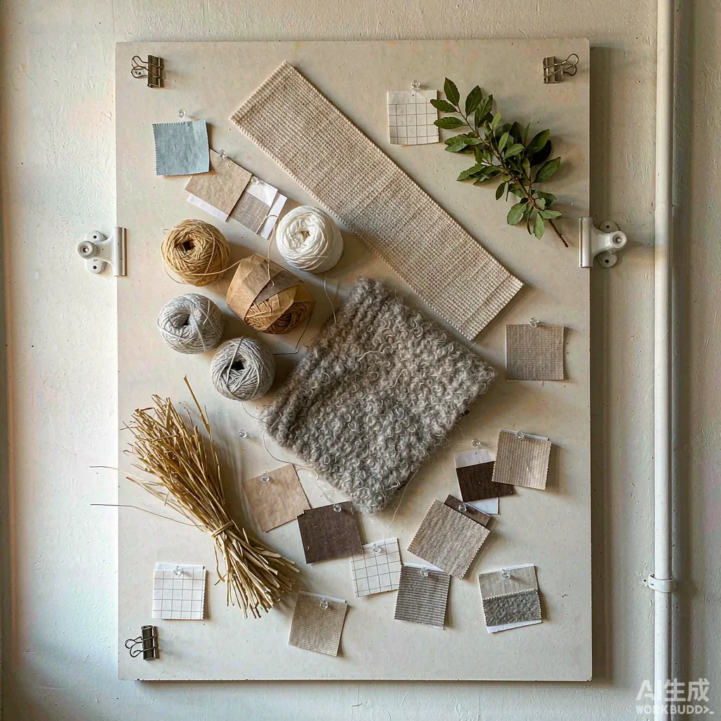 Knitted swatches in four colours pinned to a board beside three folded bags in matching shades