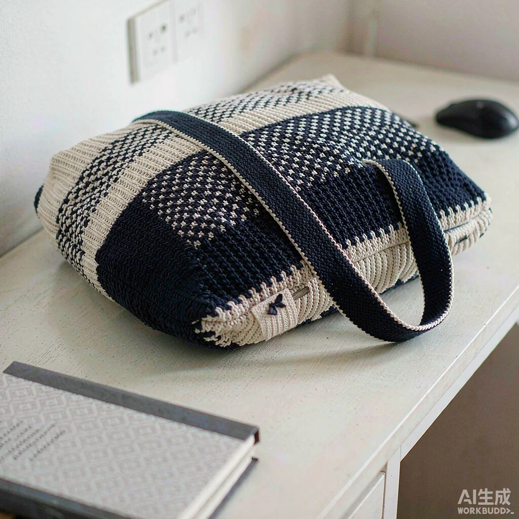 One page knitted bag brief document on a desk beside a laptop showing sections for purpose, market, quantity and timing