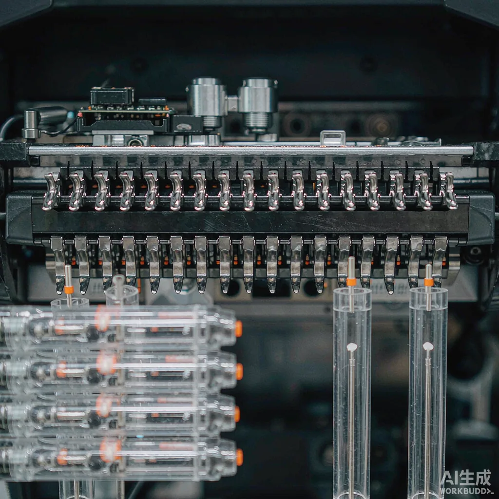 row of flat knitting machines on a production floor with yarn creels above each machine