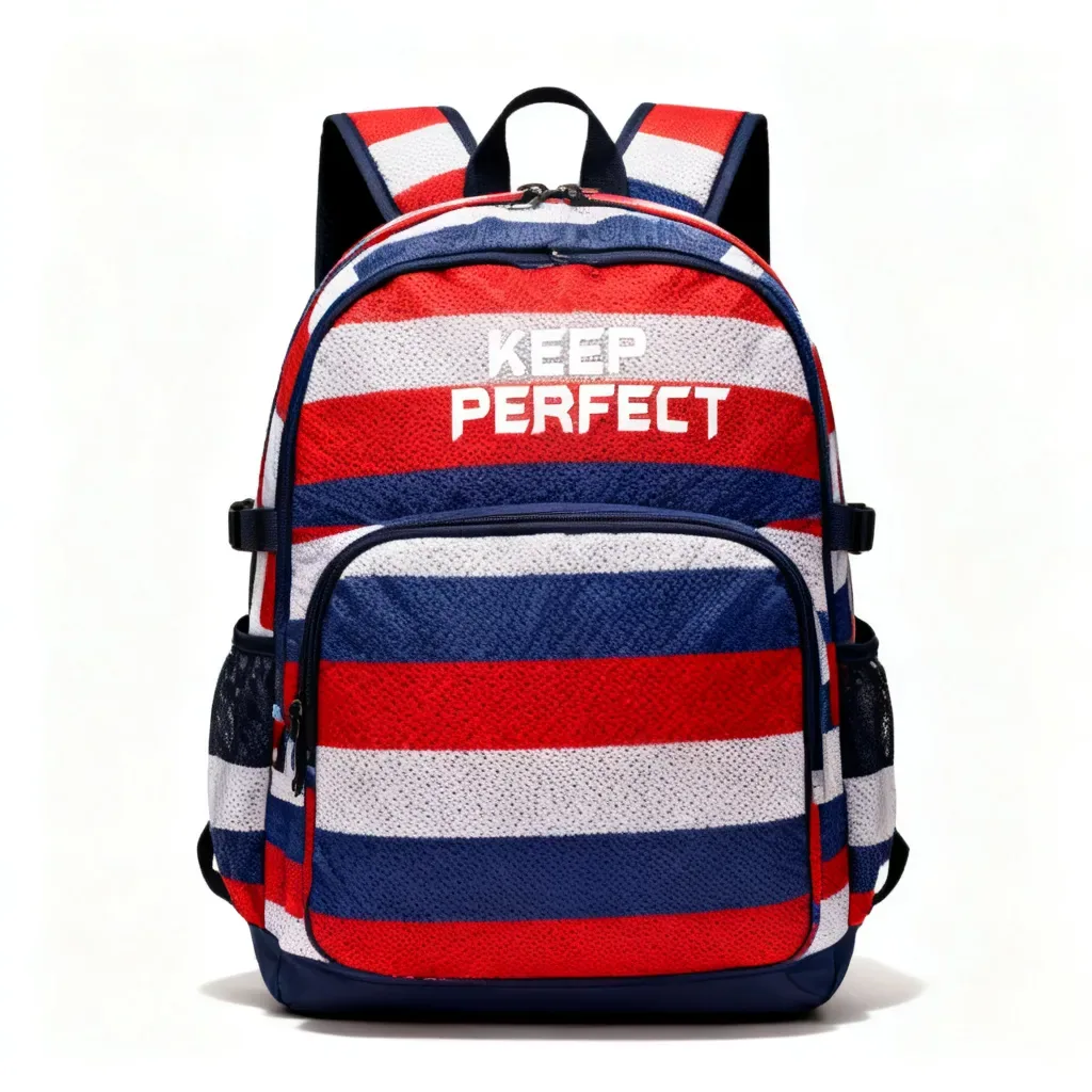 single knitted backpack strap laid flat showing the S-curve taper from a narrow root to a wide shoulder section and back