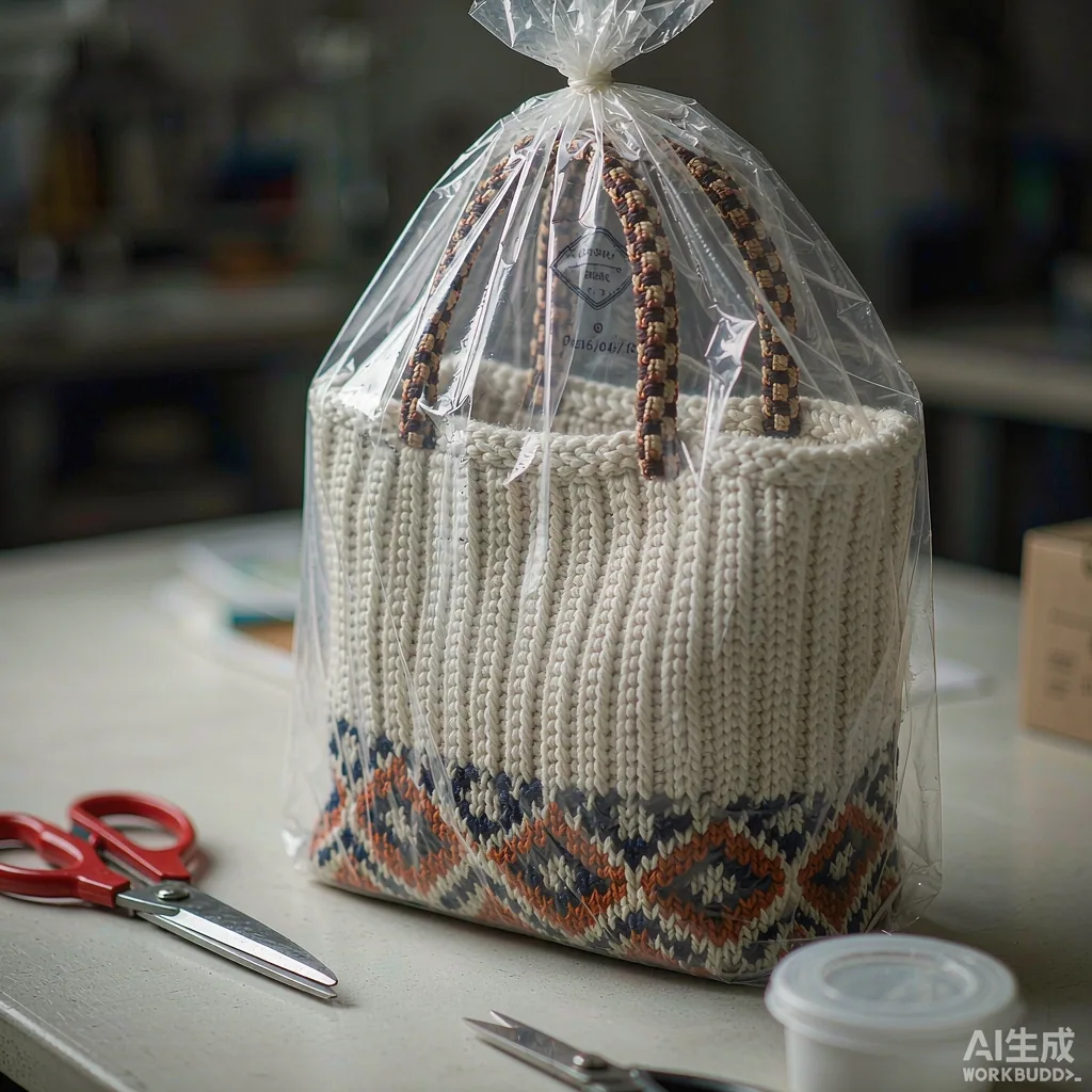 Folded knit tote bags in 40 micron polybags stacked beside a 5-ply corrugated carton on a packing bench