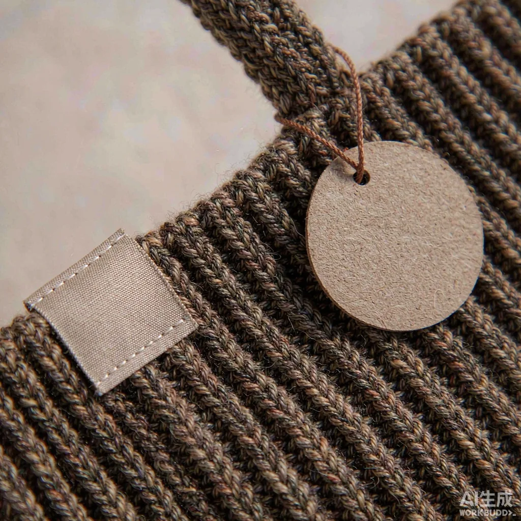Three knitted bags in different silhouettes standing together on a light background with a colour swatch card