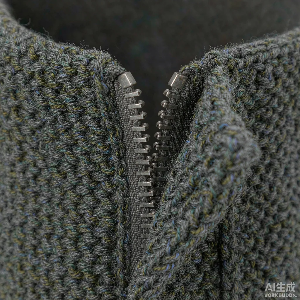 close view of a knitted drawstring bag mouth showing a fine gauge channel band and two reinforced knitted eyelets with a cord exiting