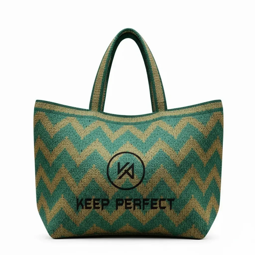 Folded seamless knit totes stacked inside an open export carton with a printed measurement sheet resting on top