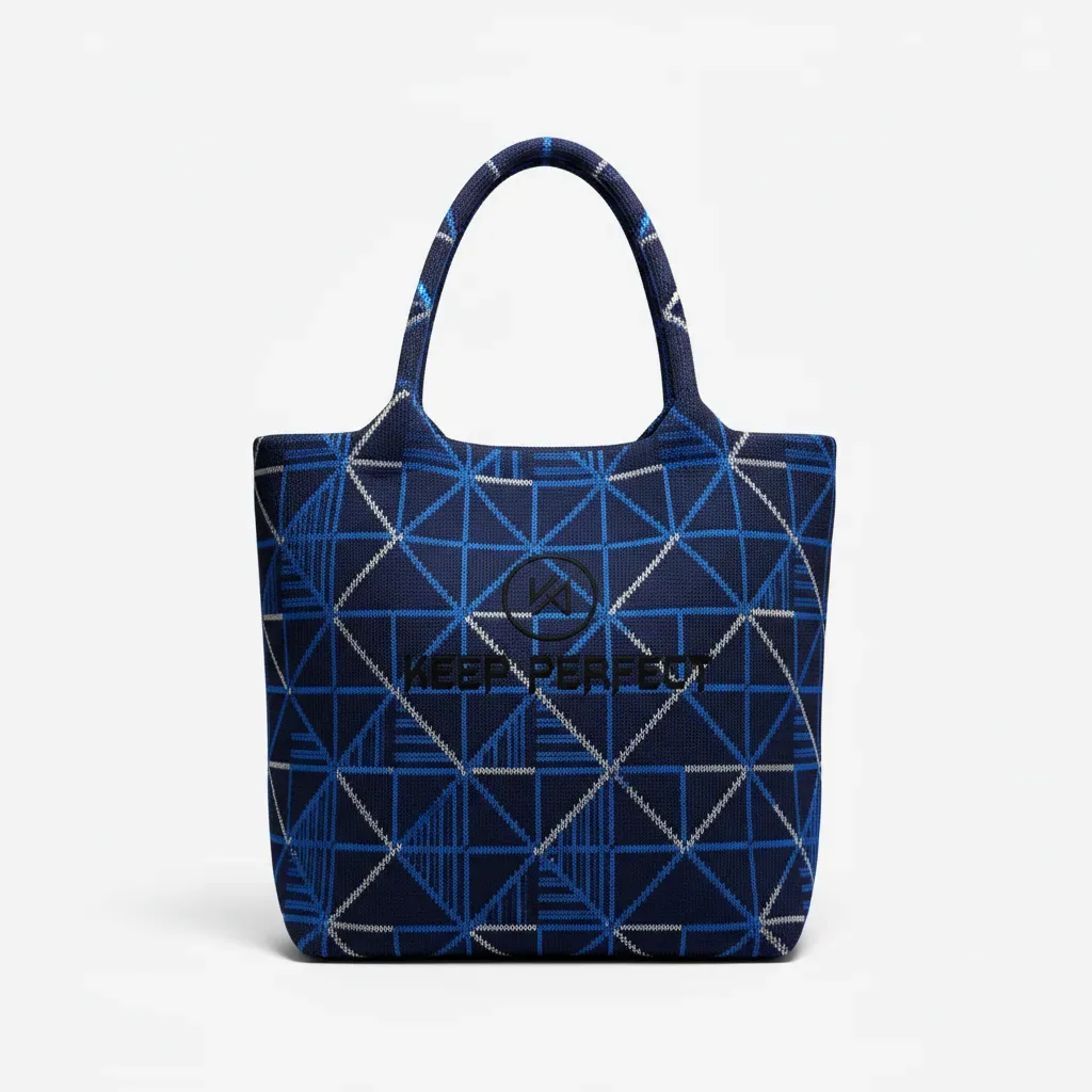 Three seamless knitted bags in different sizes standing upright together on a plain light background