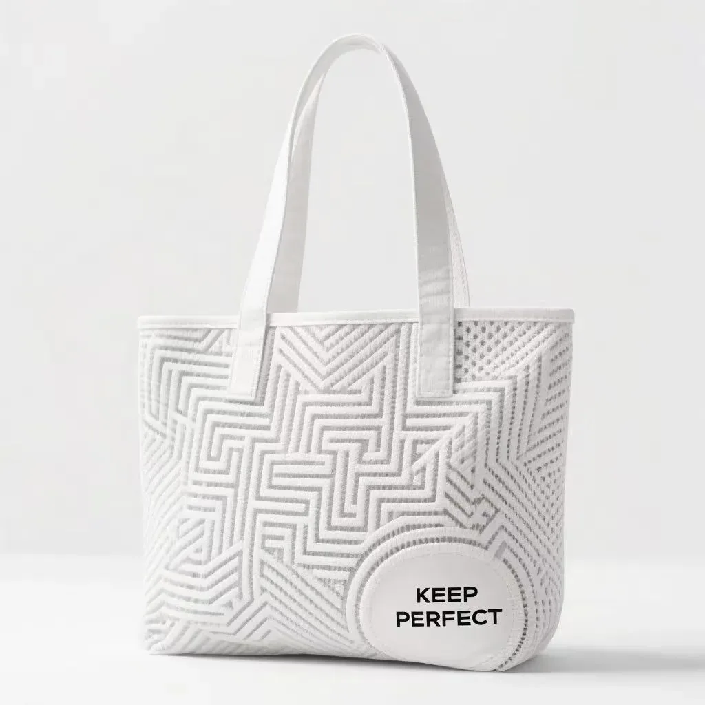 side view of a knitted bucket bag with the drawcord pulled closed showing the gathered rim and flat base
