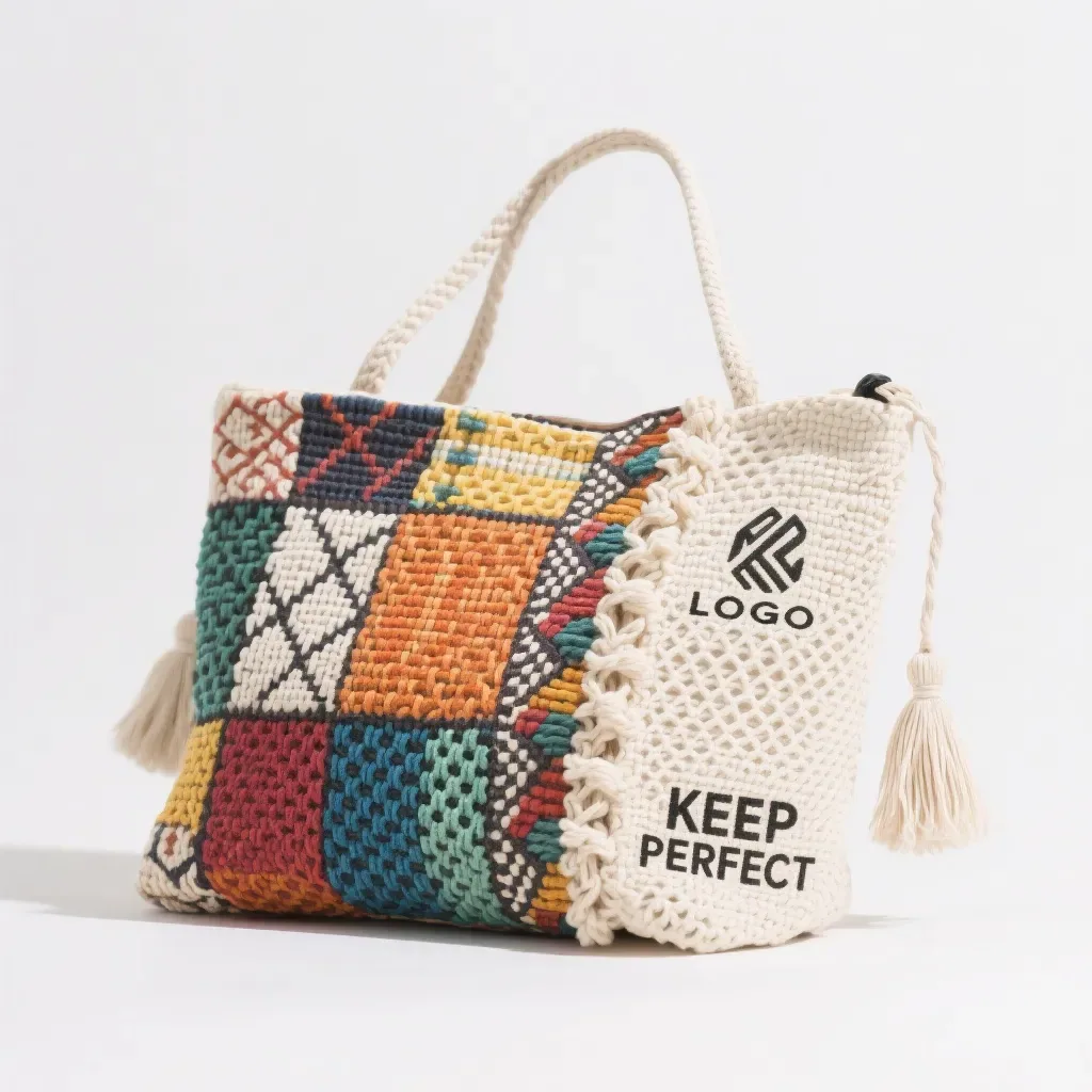 Close-up of a woven damask label stitched into the side seam of a knitted tote bag showing fine legal text