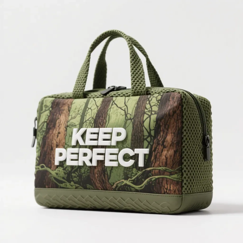 A large knitted duffel bag photographed open from above with its woven strap resting flat across the body