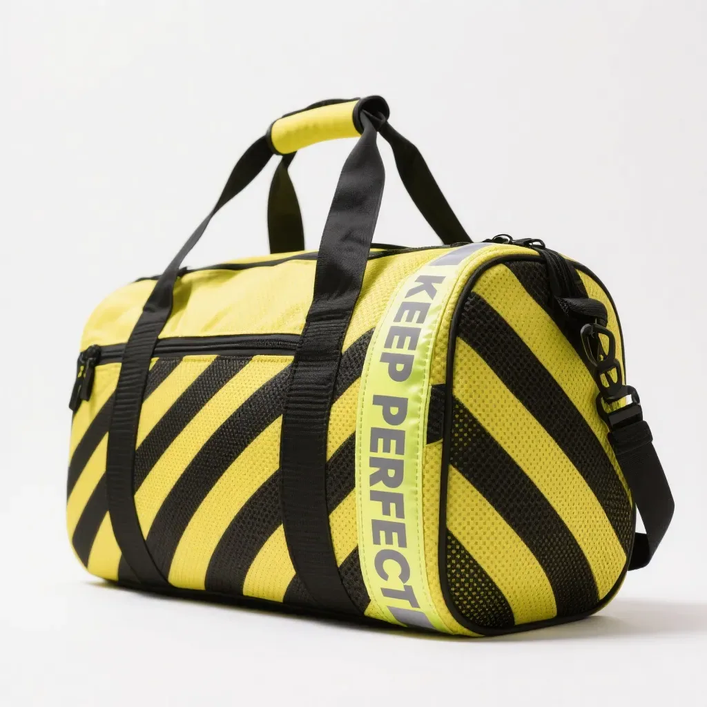 knitted duffel bag showing a full length zip opening with reinforced denser panel either side