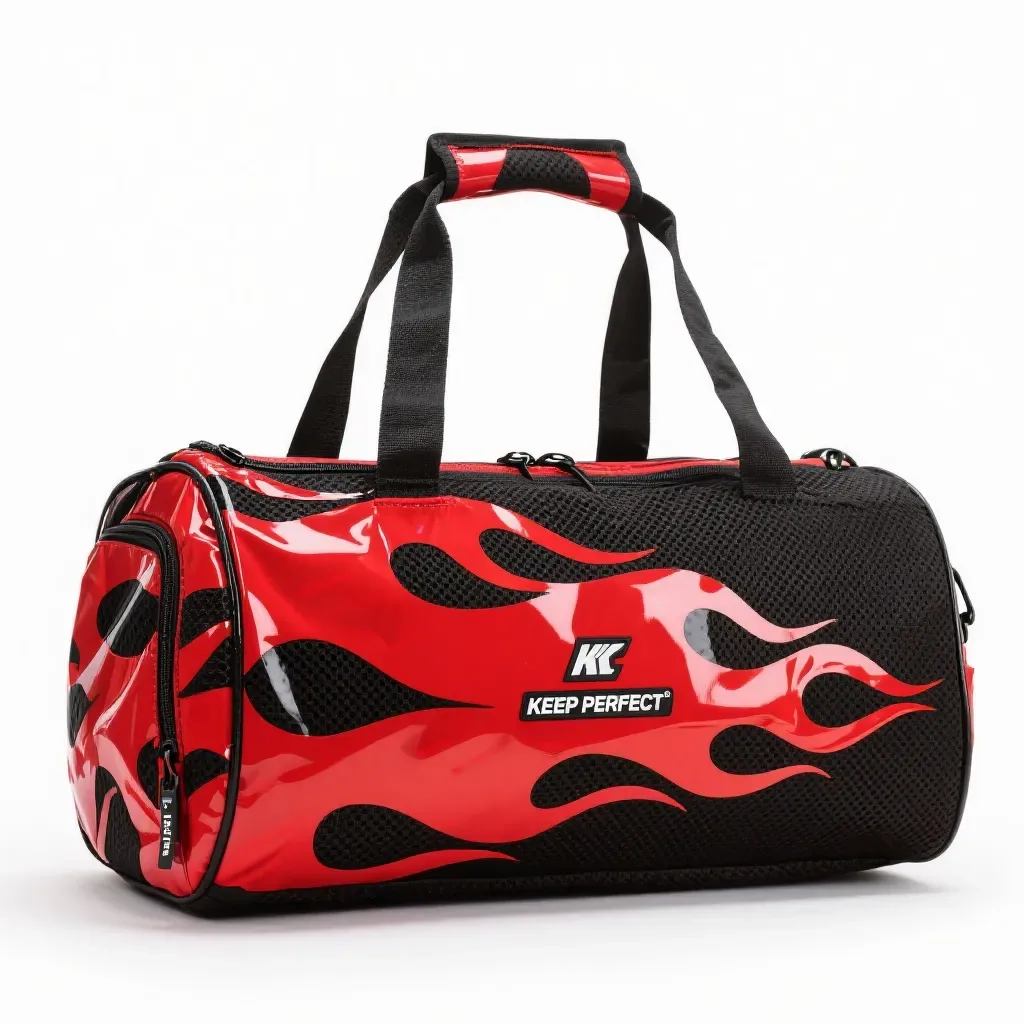 knitted duffel bag with padded backpack straps and two external compression straps packed full