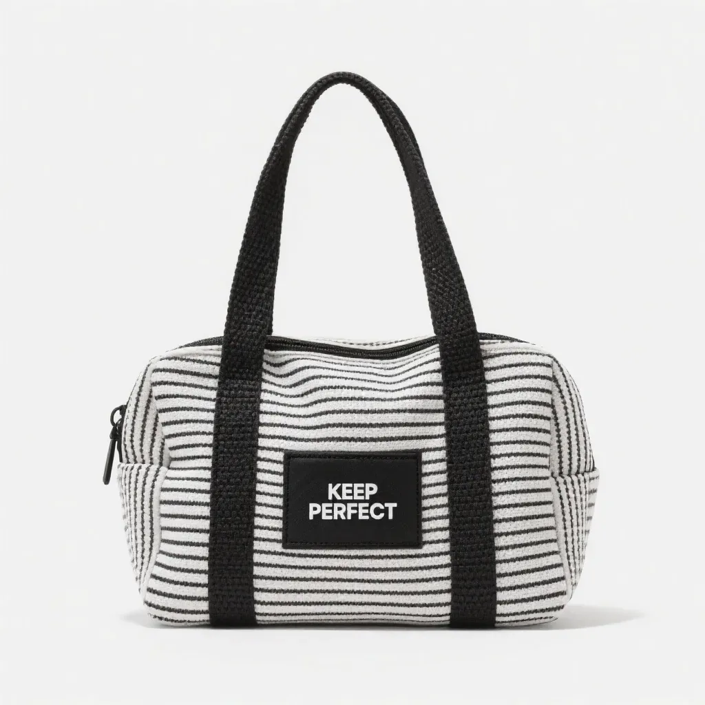 Printed kraft paper sleeve wrapped around a folded knitted tote bag with a two-colour flexo logo on the band