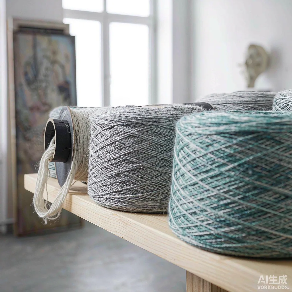 recycled polyester yarn cones with handwritten lot tags beside a printed certificate folder